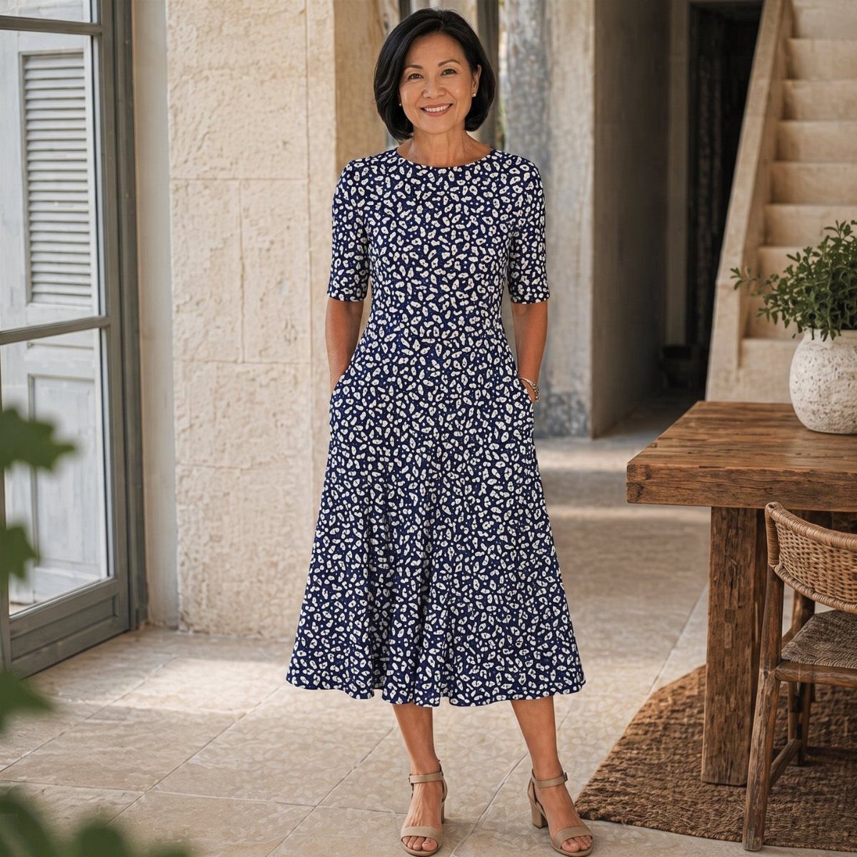 Woman in navy blue floral midi dress standing on a sunny stone patio.