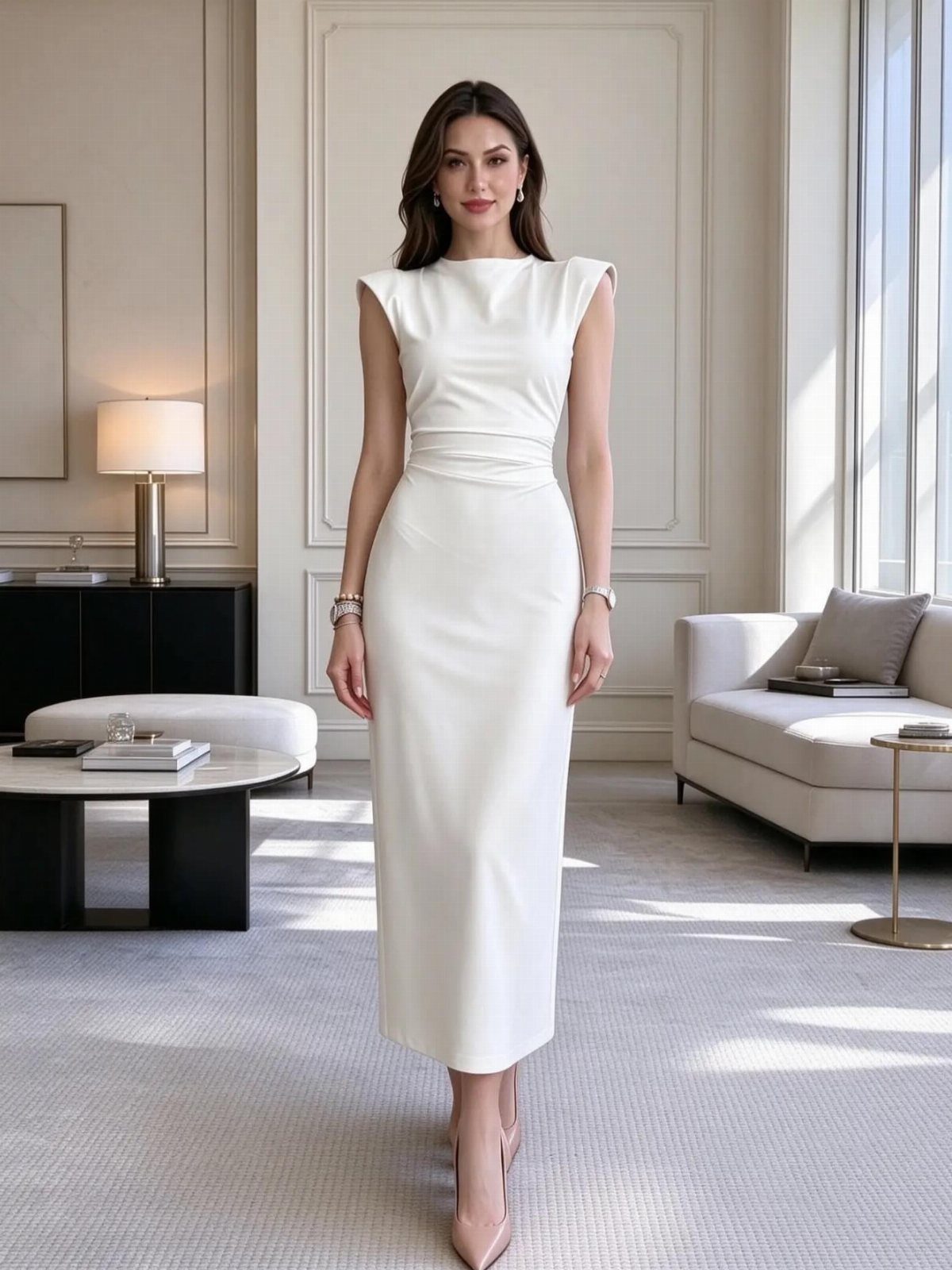 Woman in a white sleeveless midi dress with gathered waist in a bright room.