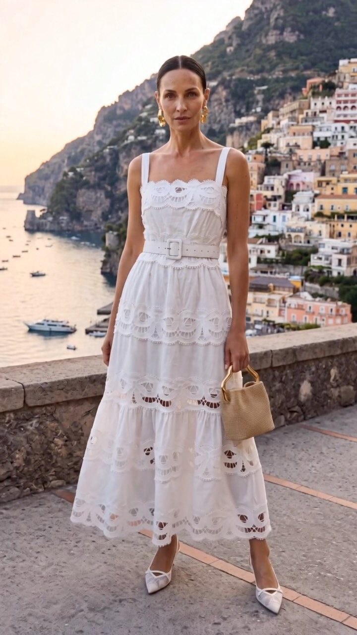 Woman in a white cotton eyelet midi dress overlooking a coastal Italian town.