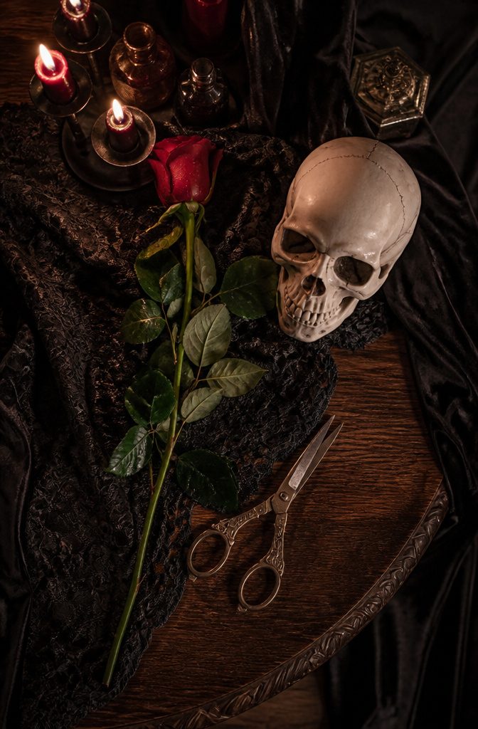 Single long-stemmed rose and scissors for Morticia Addams' character.