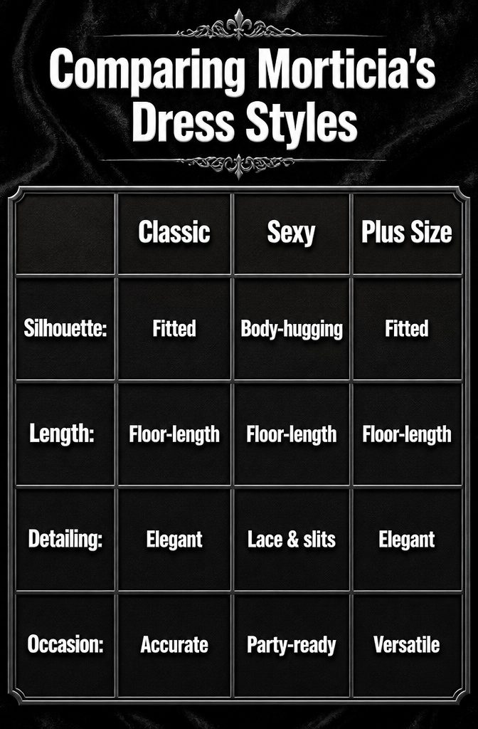 Styles of Morticia Addams' dress, including classic and body-hugging designs.