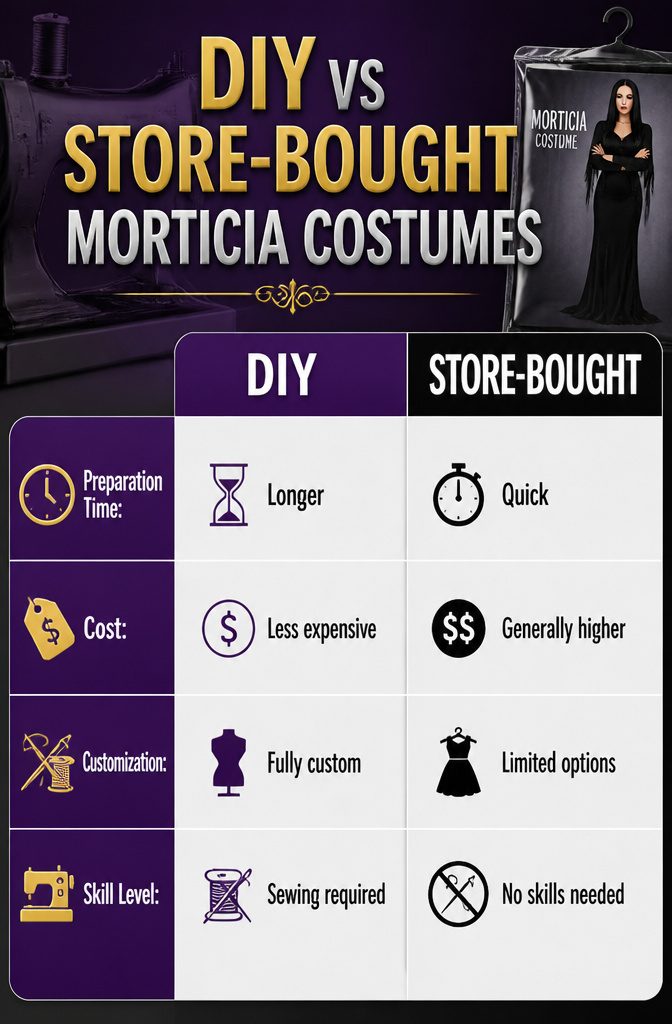 Visual comparison of DIY and store-bought Morticia costumes.