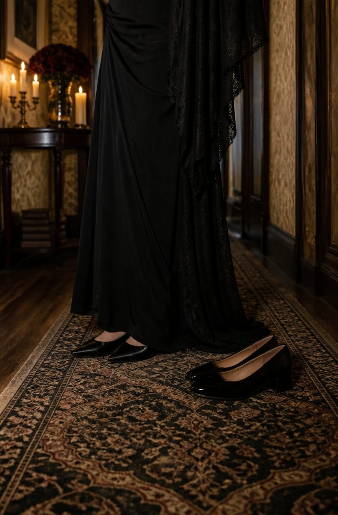 Black pointed-toe flats hidden beneath a flowing black gown.