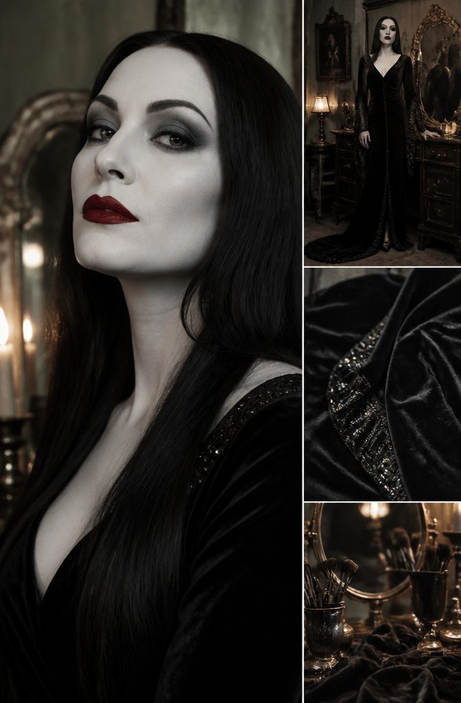 Makeup elements depicting Morticia Addams' iconic look with pale foundation and red lips.