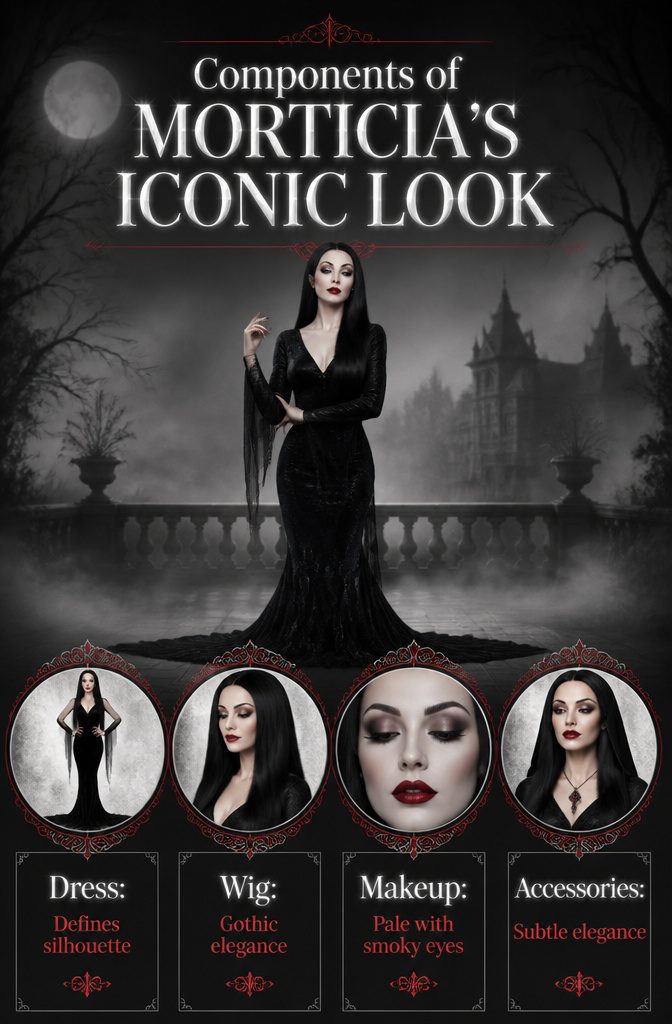 Visual breakdown of key elements defining Morticia Addams' iconic appearance.