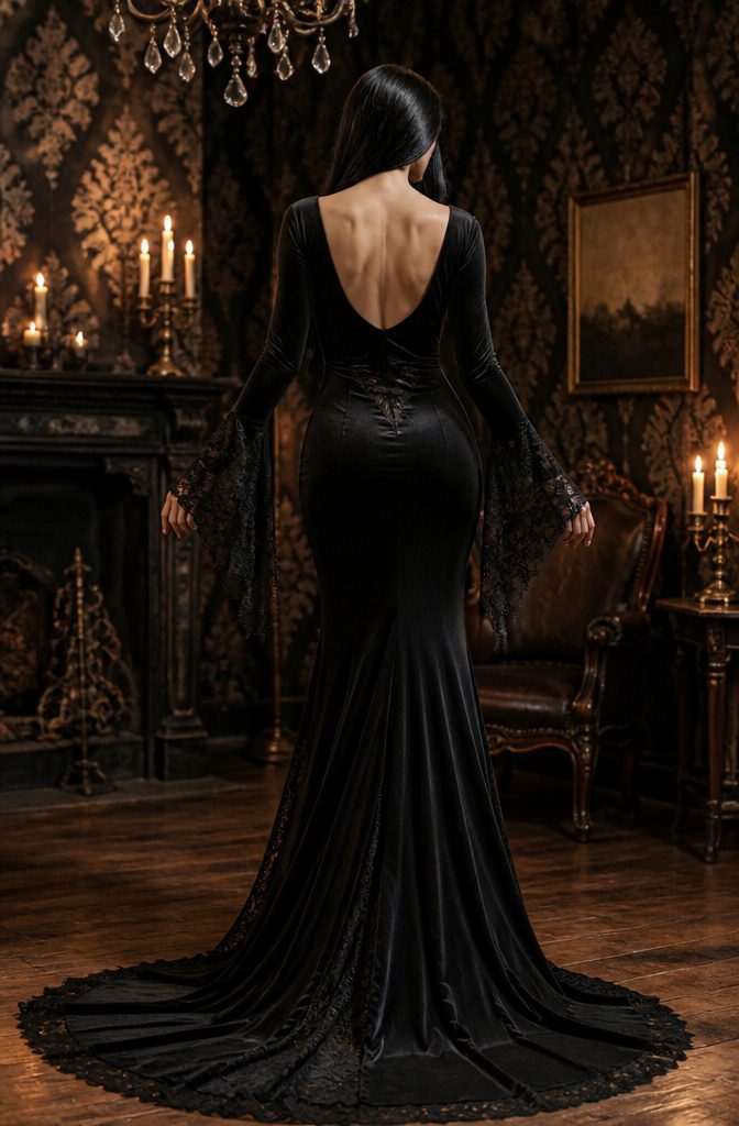 Floor-length black dress with a train suitable for a Morticia Addams costume.