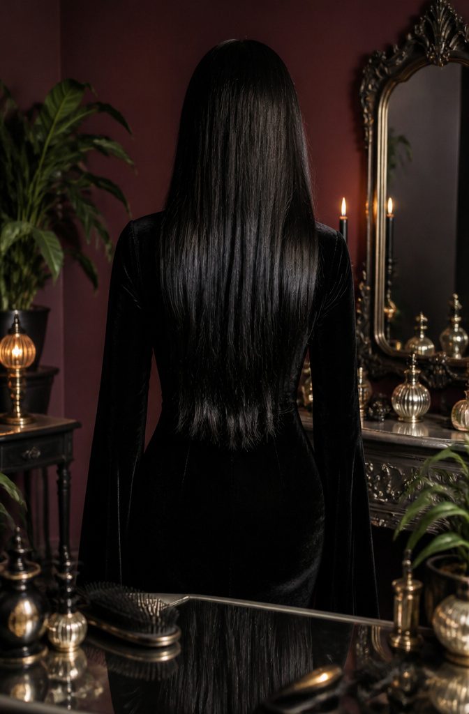 Long straight black wig with a glossy finish for Morticia Addams.