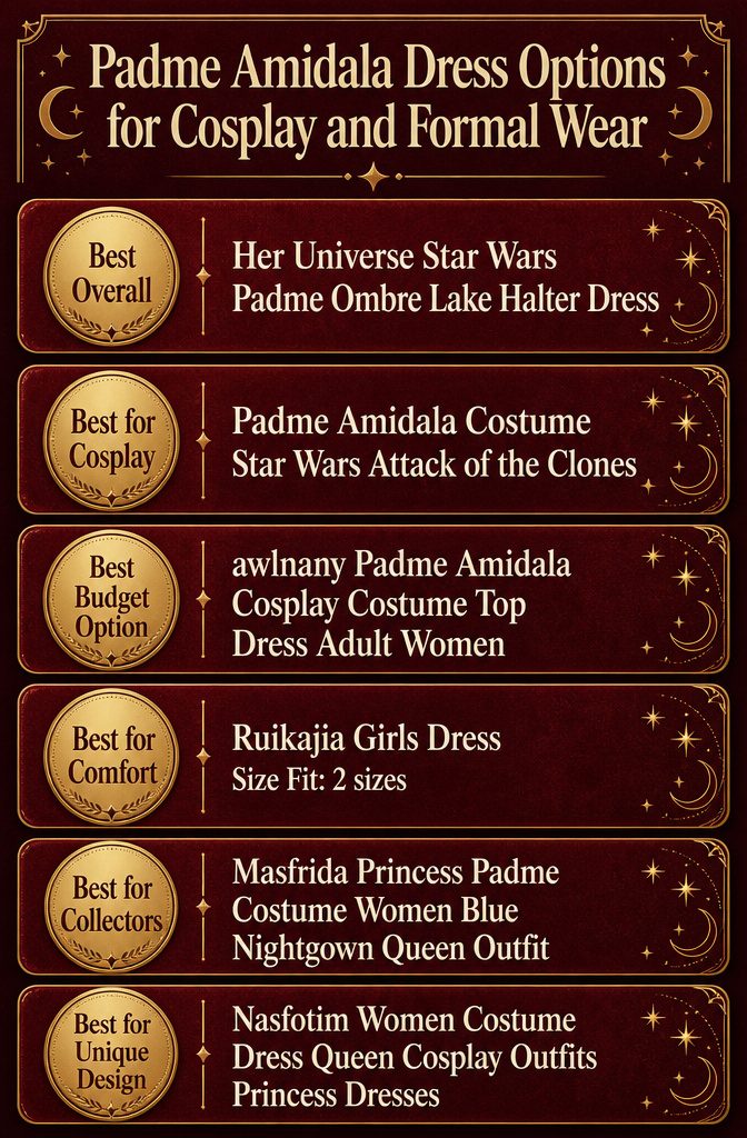 Infographic comparing Padmé Amidala dress options for cosplay and formal wear
