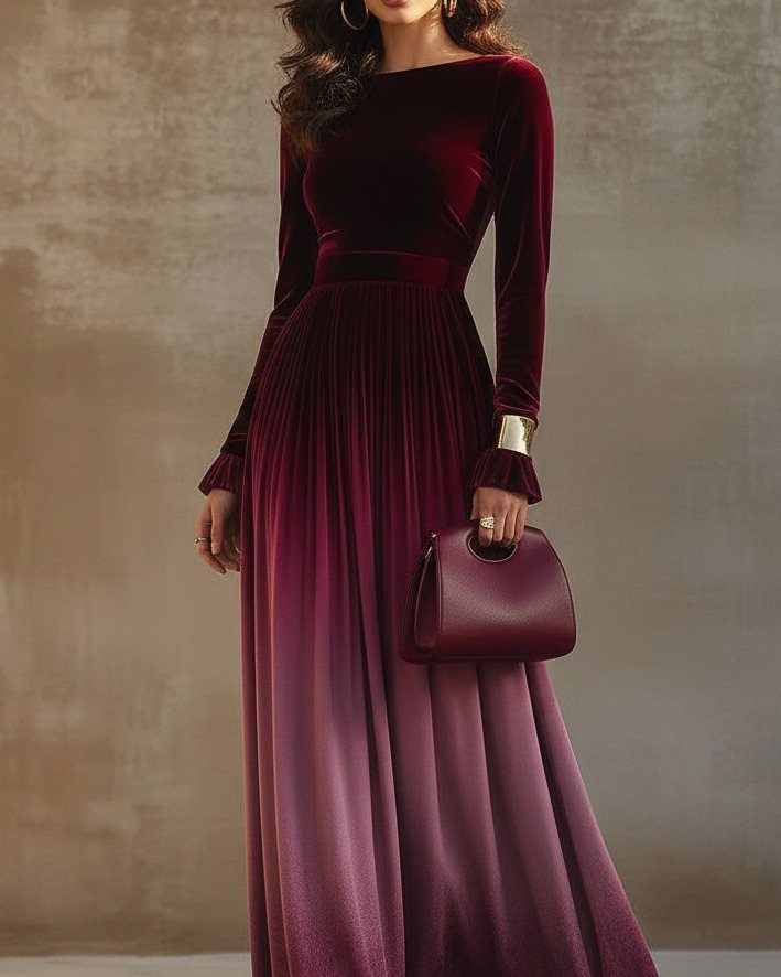 Petite Maxi Dresses in 10 Styles for Every Occasion 8 Woman wearing a long-sleeved burgundy velvet maxi dress and holding a matching handbag.