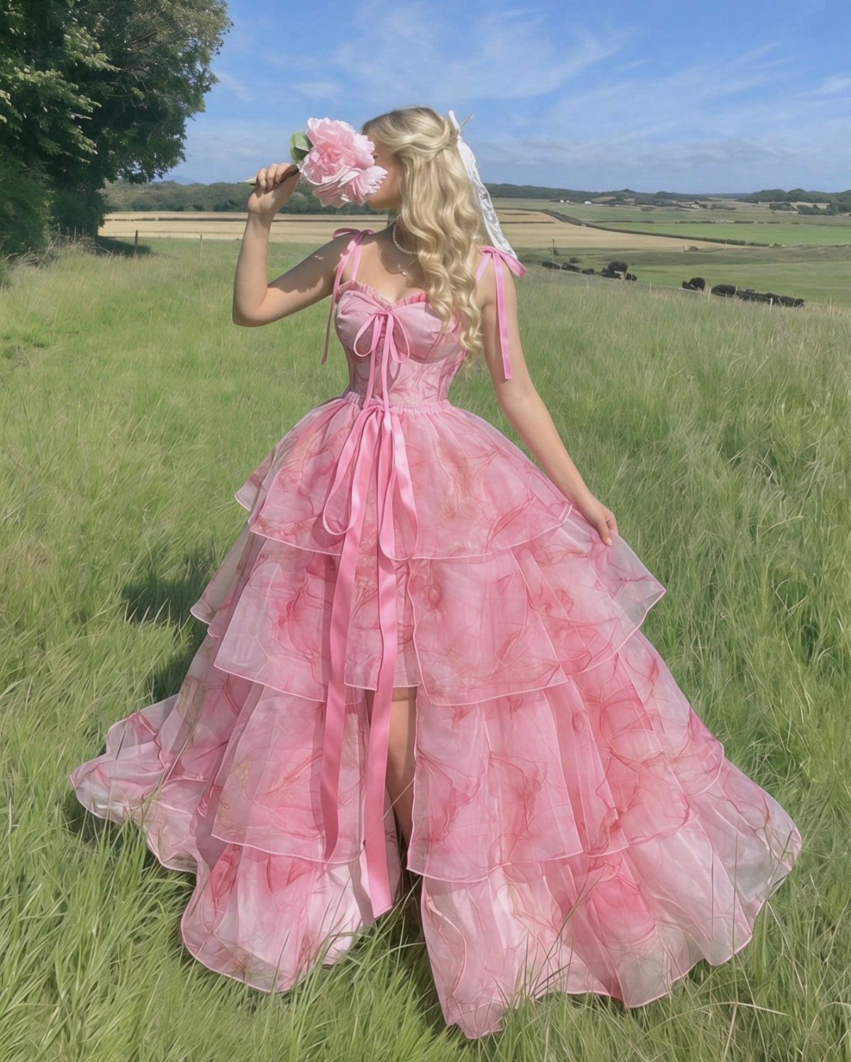 Woman wearing a pink floral print corset ball gown in a green field