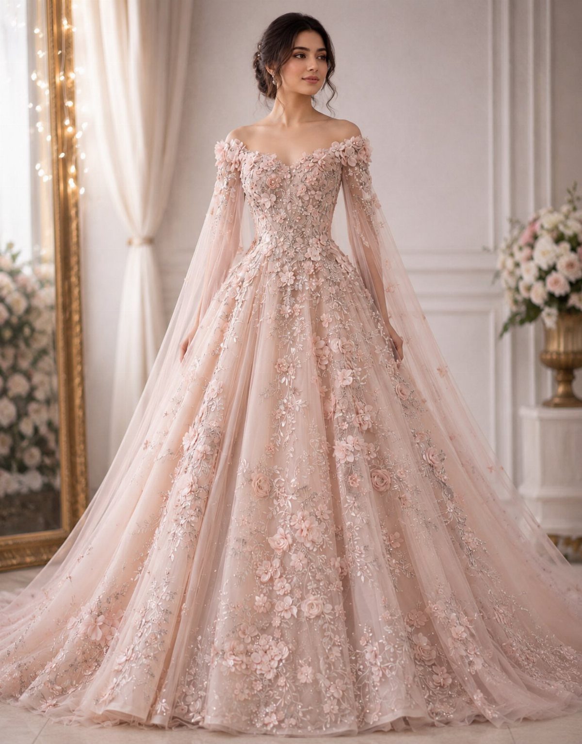 Woman in a blush pink floral off-the-shoulder ballgown with long sheer sleeves.