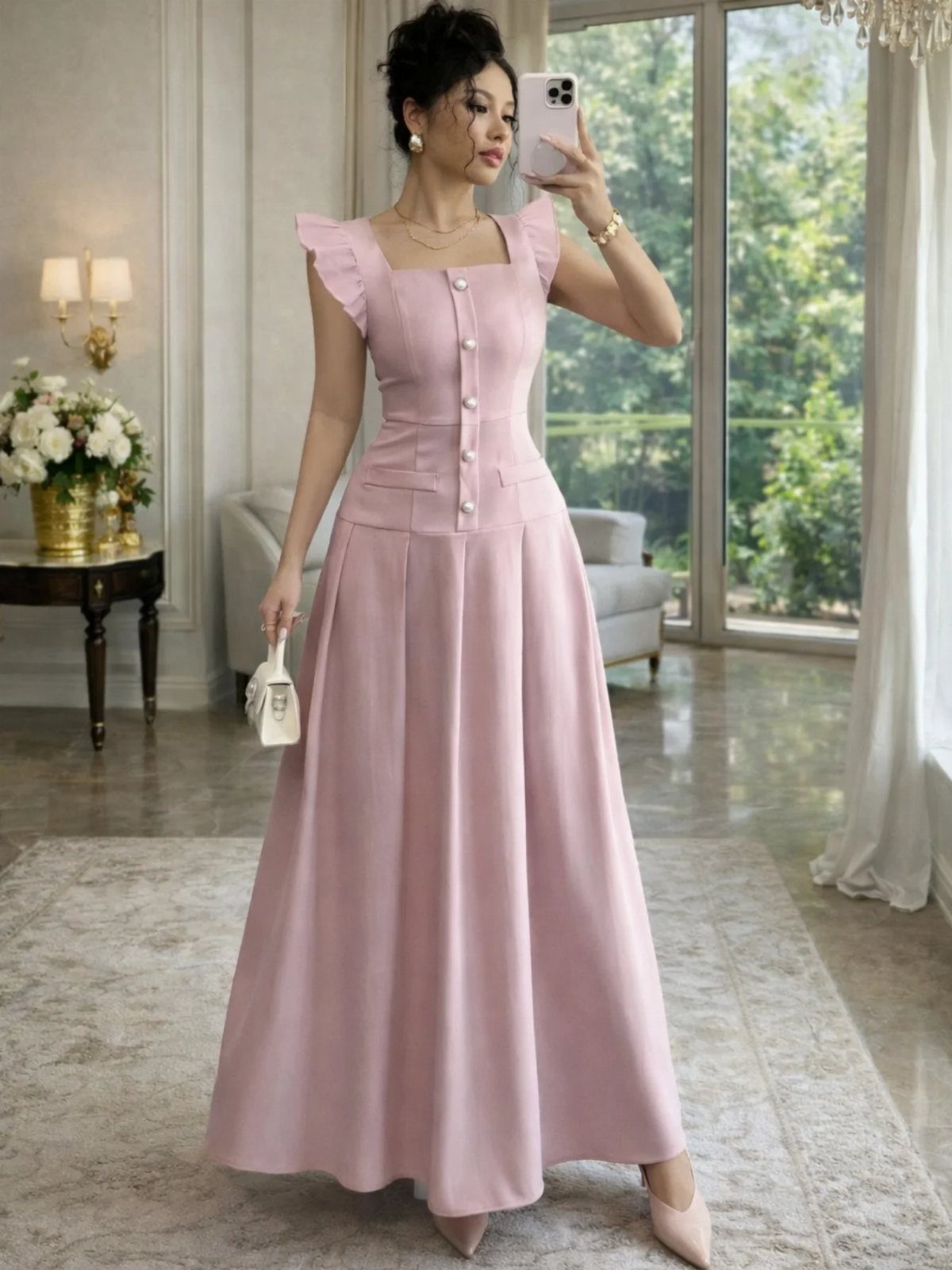 Woman in a light pink floor-length gown with ruffled sleeves and buttoned bodice.