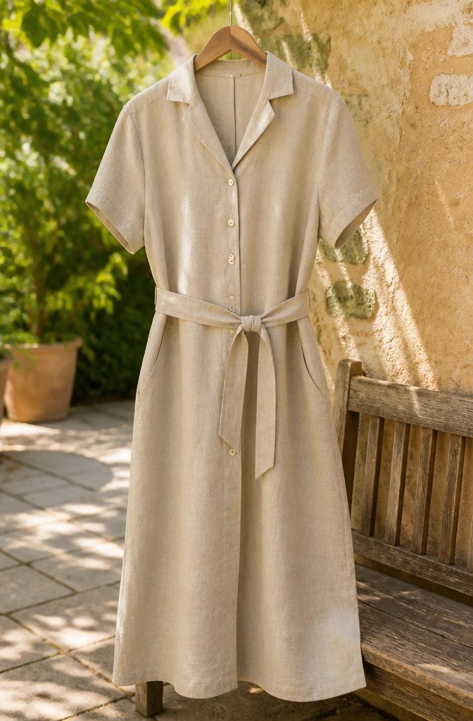 A button-front dress with a notched collar and a tie belt.
