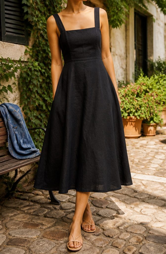 A fit and flare midi dress with a square neckline and side pockets.