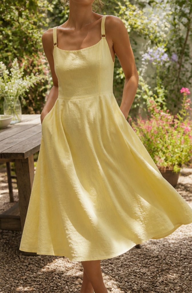 A fit-and-flare midi dress with adjustable straps and side pockets.