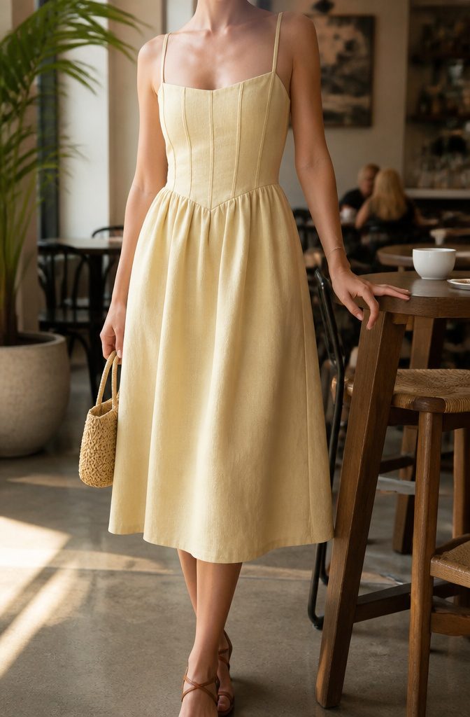 A midi dress with a corset-style bodice and adjustable shoulder straps.