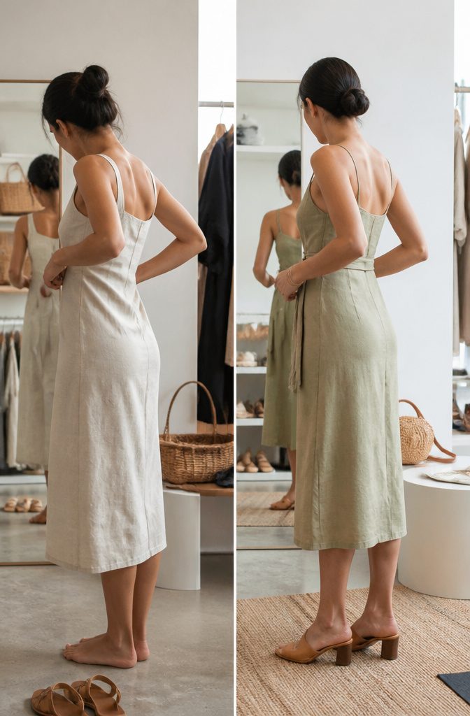 A model wearing a linen dress that demonstrates different fits.