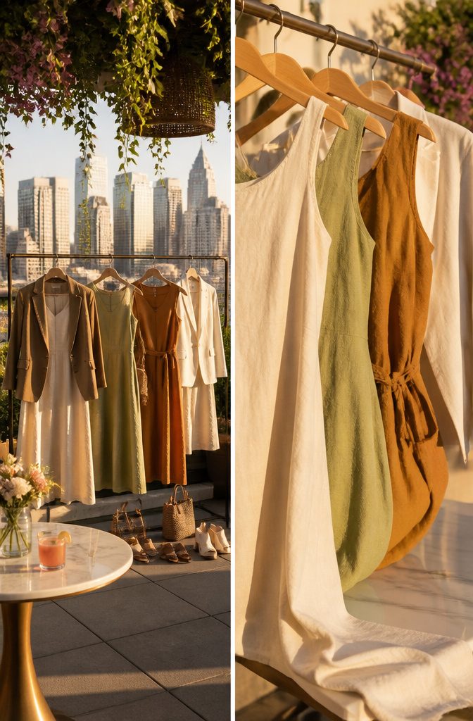 A styled linen dress paired with accessories for various occasions.