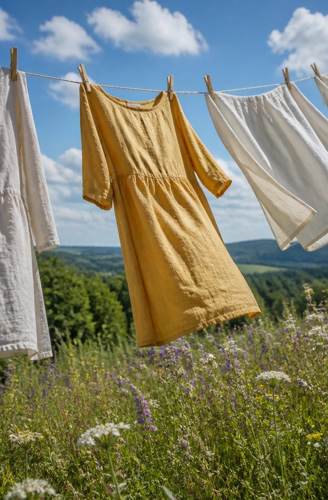 Light linen garments fluttering on a clothesline in a sunny setting.
