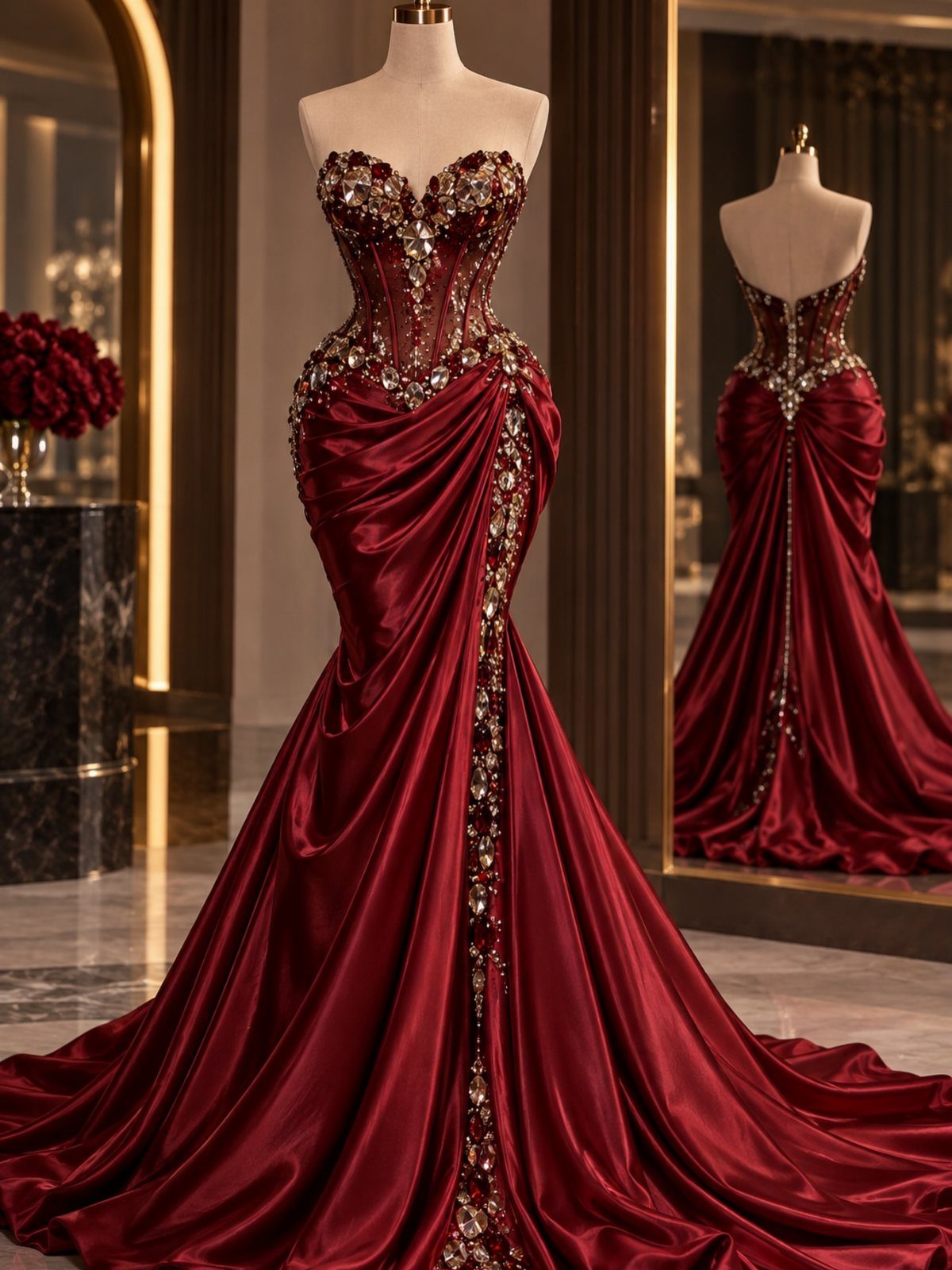 Deep red satin prom gown with rhinestone embellishments on a mannequin in a luxury room.