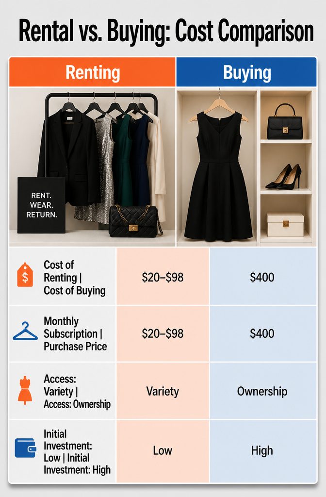 A cost comparison chart between renting and buying dresses.