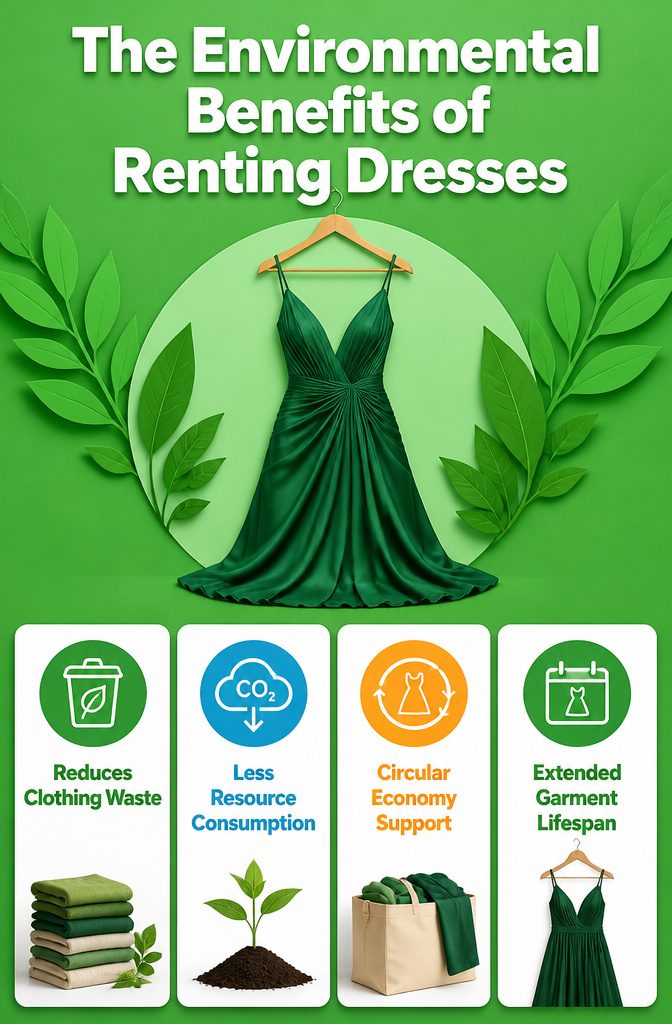 An infographic illustrating the environmental benefits of renting dresses.