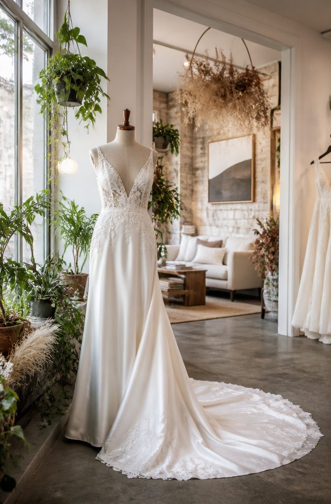 A bespoke wedding gown displayed on a vintage mannequin in a boutique.