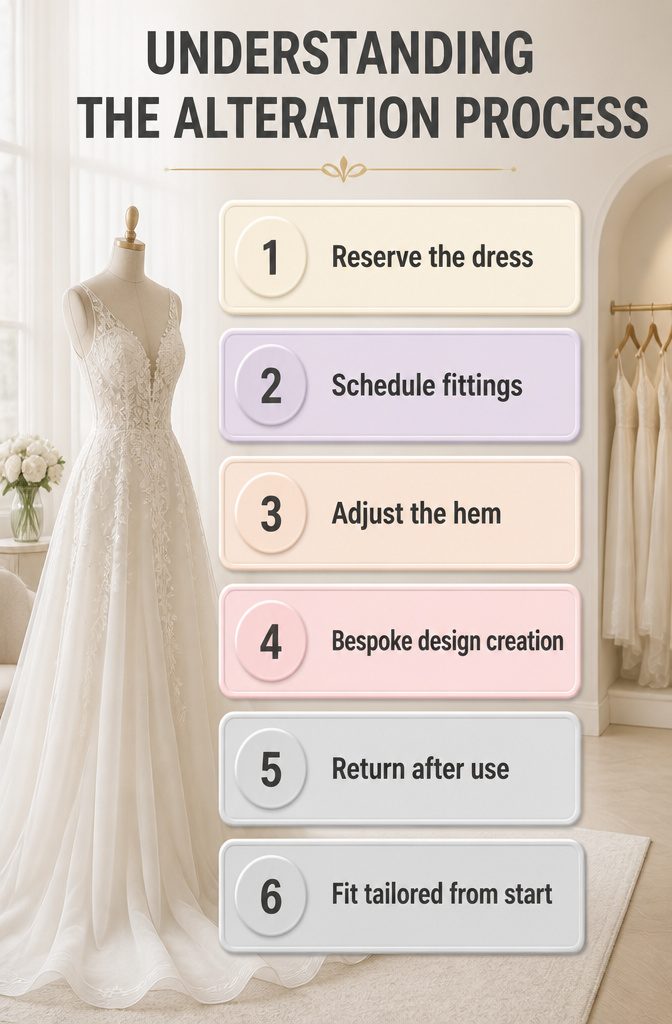 A visual guide explaining the alteration process for rental gowns.