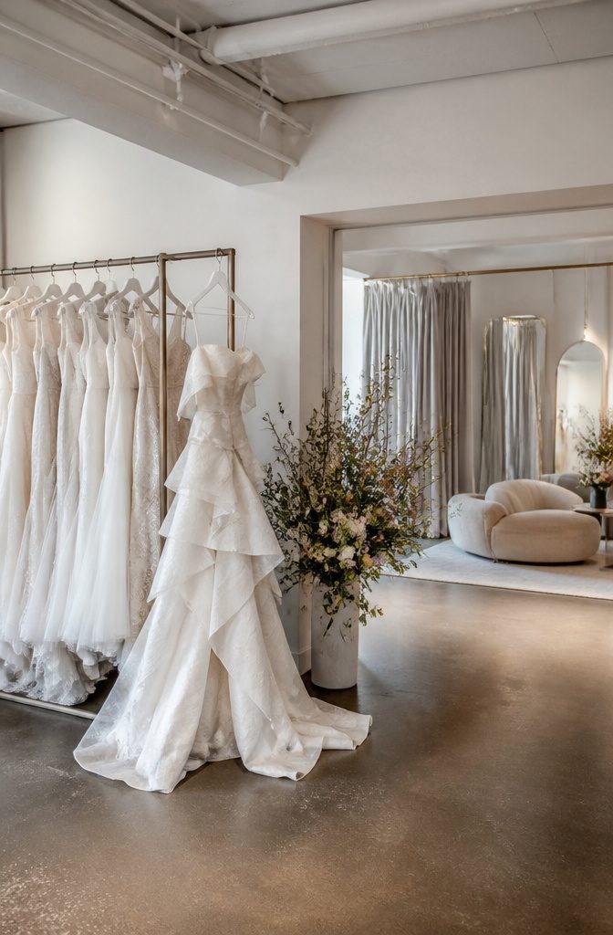 A selection of bridal gowns available for rent in a stylish setting.