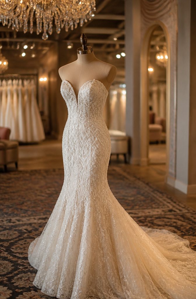 Designer wedding gowns arranged in a sophisticated showroom.