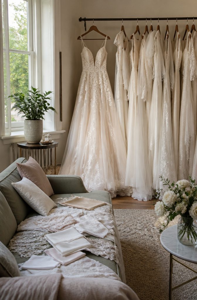 Preloved wedding dresses displayed in a charming, light-filled room.
