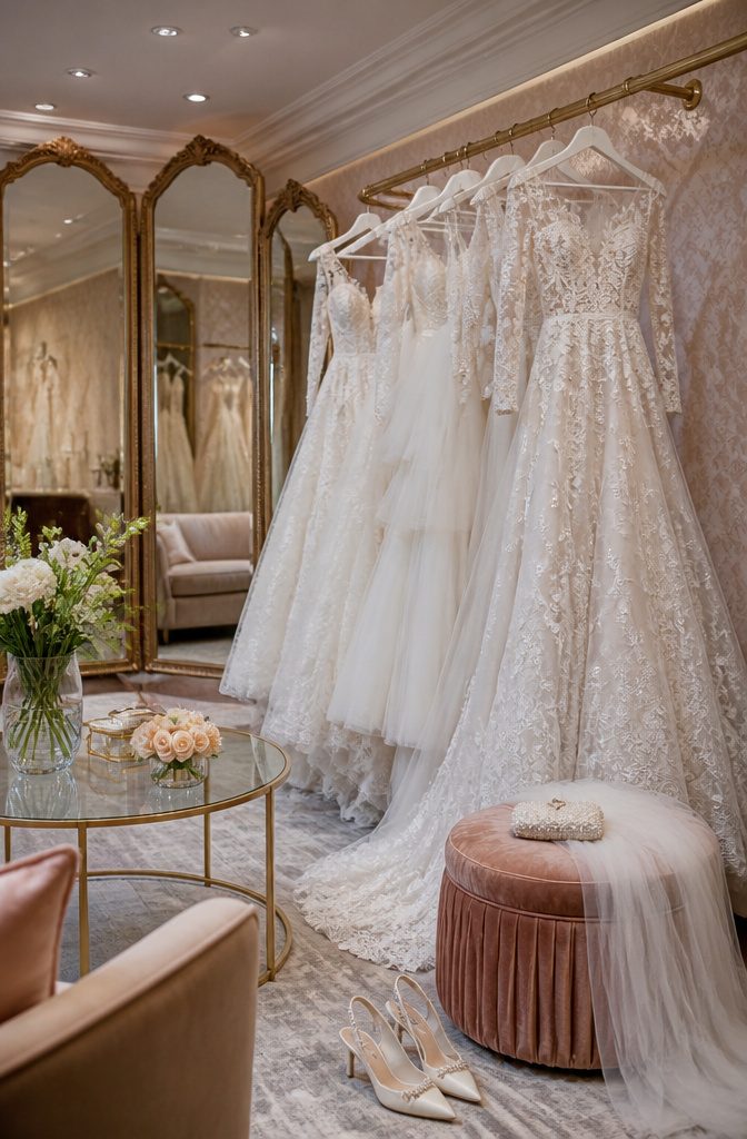 An elegant wedding gown displayed against vintage-inspired decor.