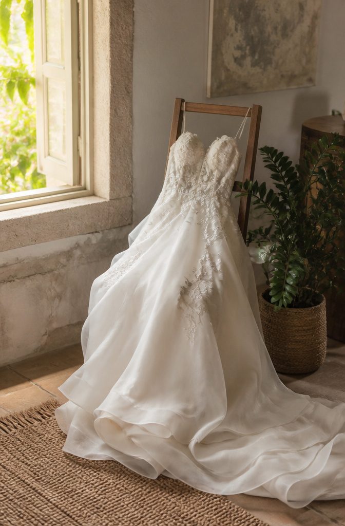 A wedding gown displayed in an eco-friendly studio environment.
