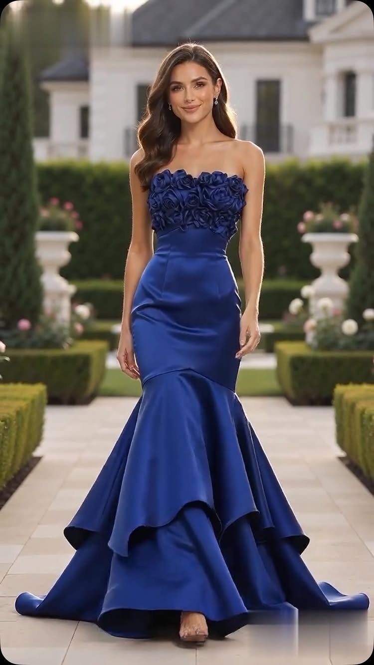 Royal Blue Colour Dress Styles: 7 Elegant Options to Try 3 Woman in a royal blue satin mermaid gown with a floral bodice and tiered skirt.