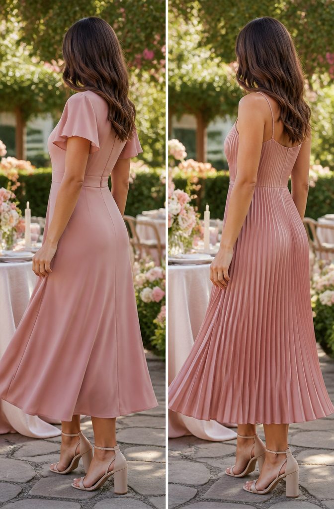 A model wearing a dress in soft colors suitable for a daytime wedding.