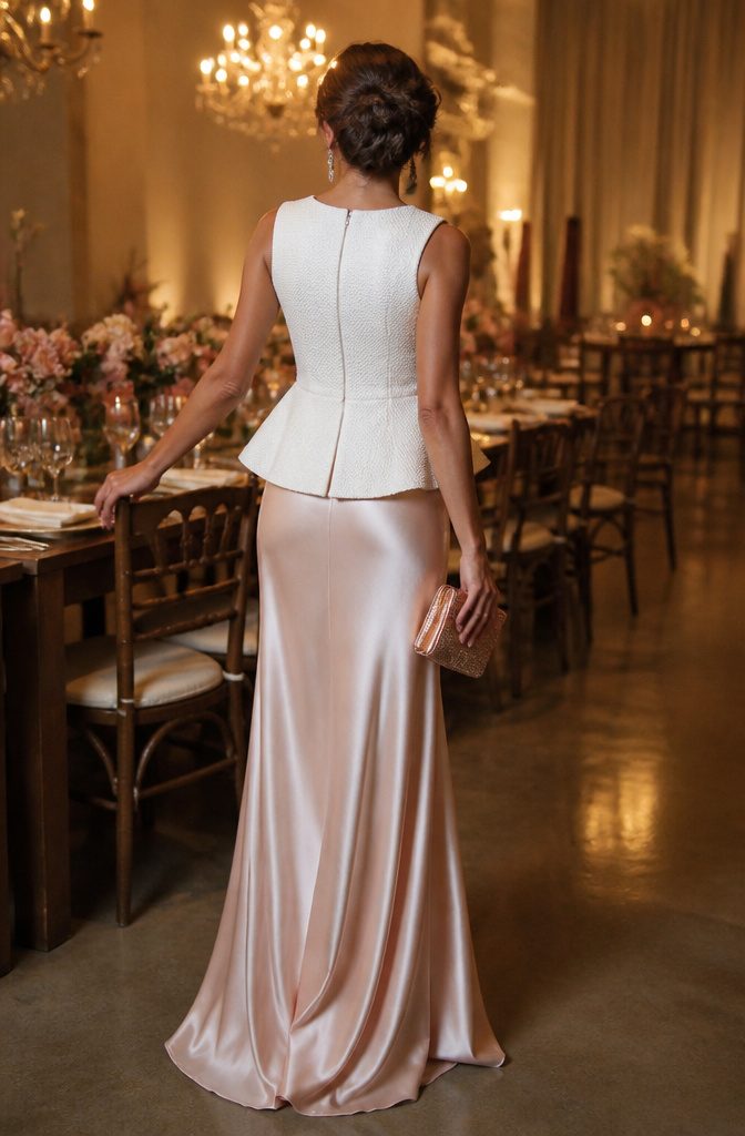 A model in stylish separates suitable for a semi-formal wedding.