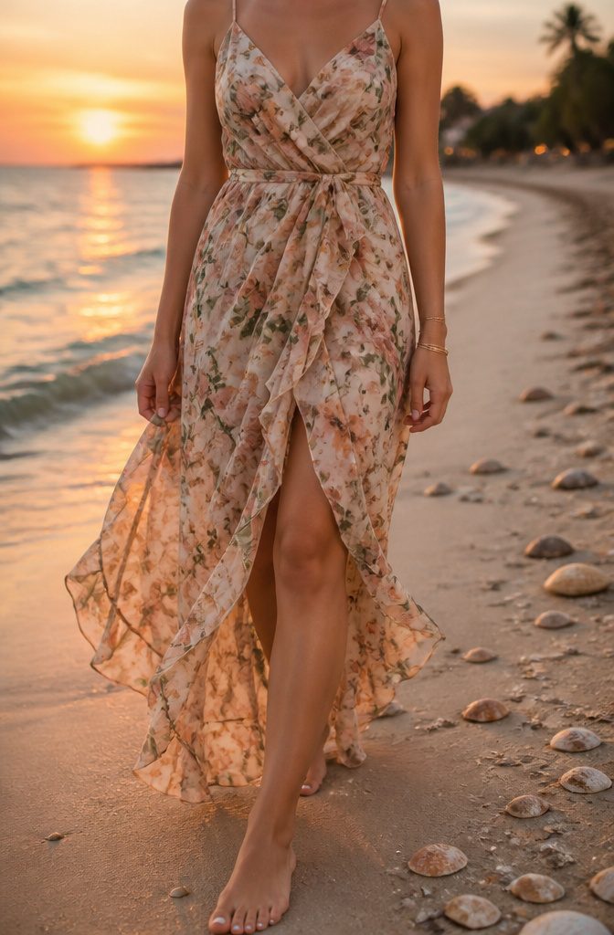 A model in a fluid maxi dress for a semi-formal wedding.