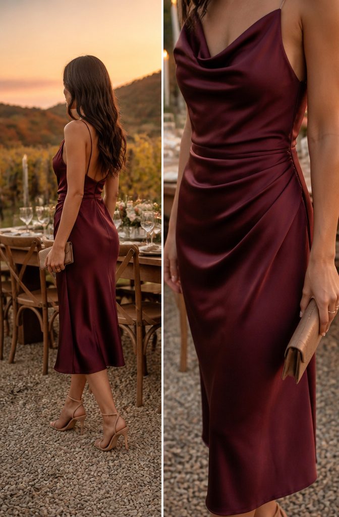 A model showcasing seasonal attire for a semi-formal wedding.