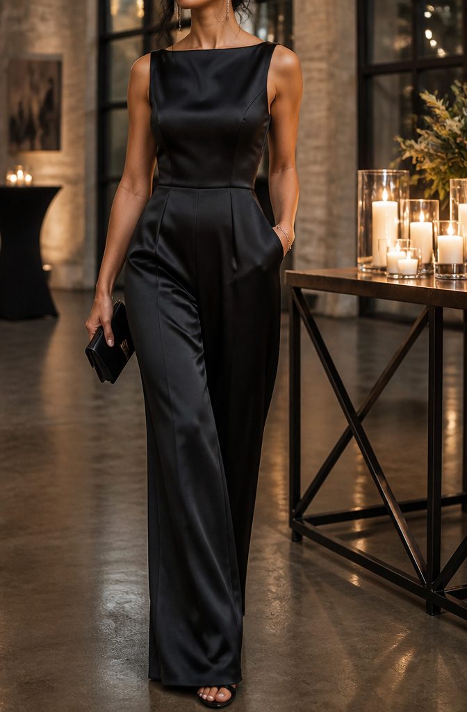 A model wearing a fitted tailored jumpsuit for a wedding.
