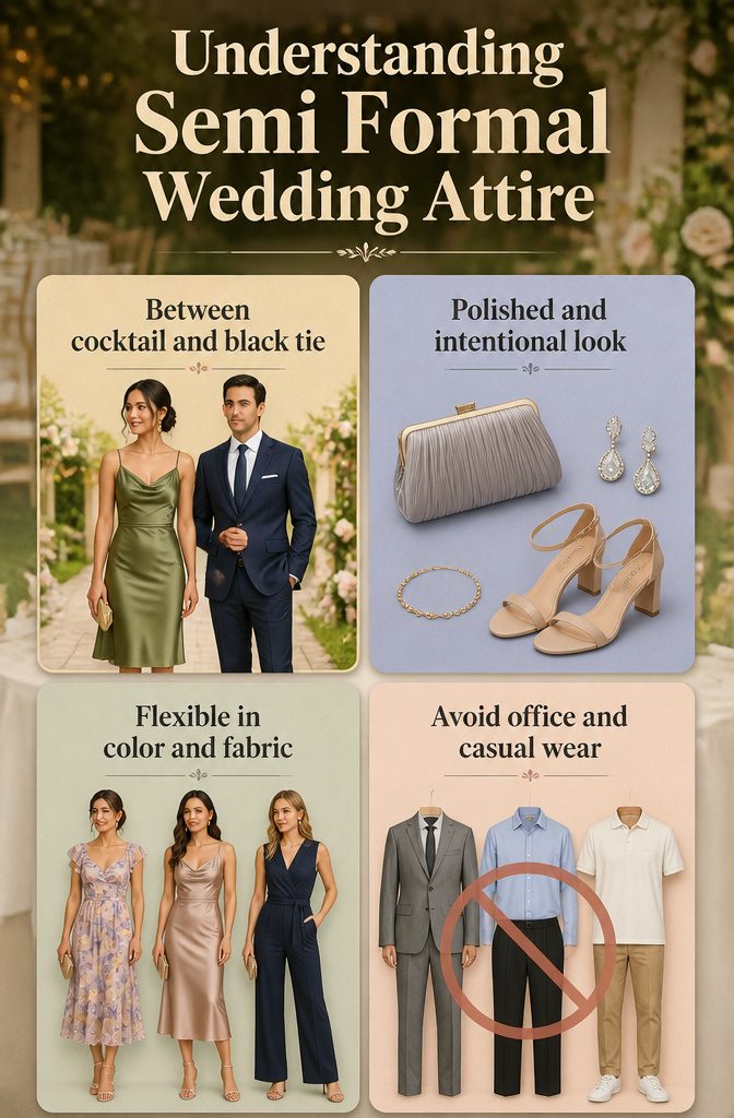 Text graphic titled 'Understanding Semi Formal Wedding Attire'.