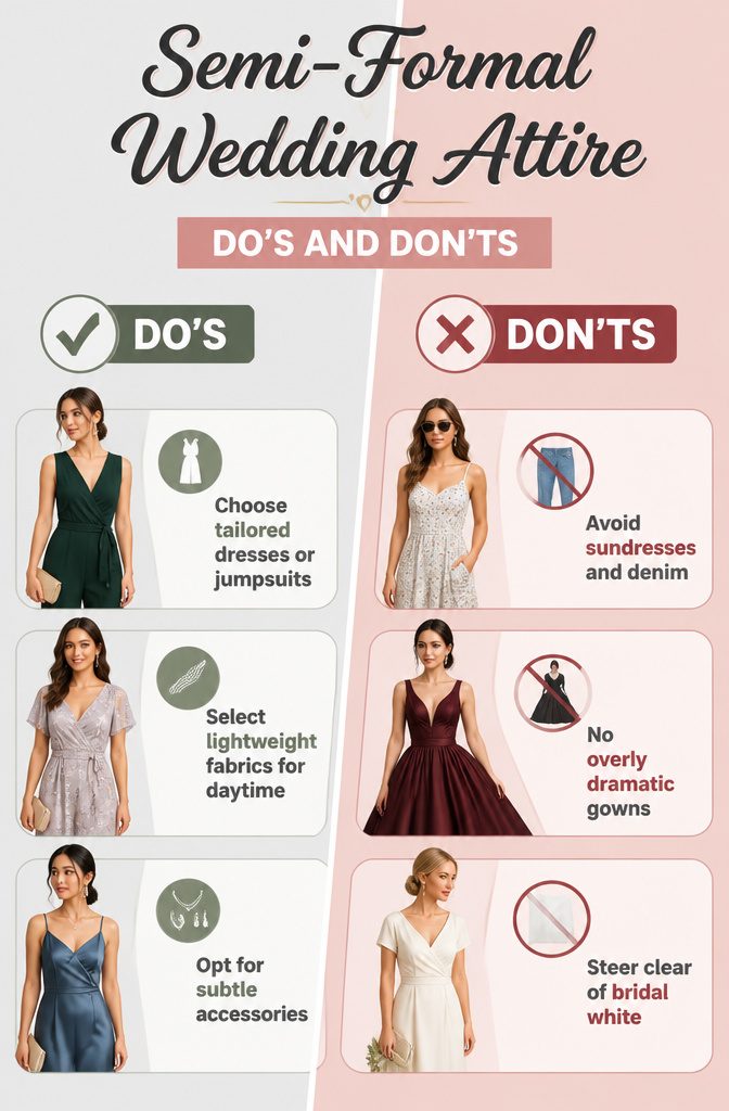 Text graphic titled 'Semi-Formal Wedding Attire Do's and Don'ts'.