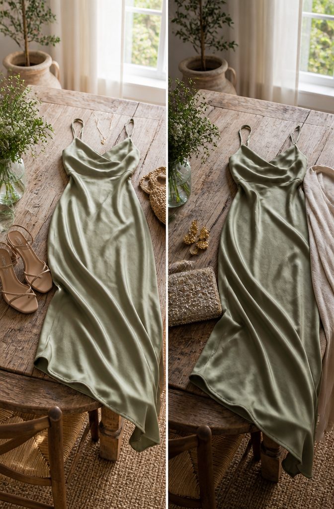 Silk Cocktail Dresses: Styles That Move From Day to Evening 7 Silk slip dress displayed with casual and formal accessories.