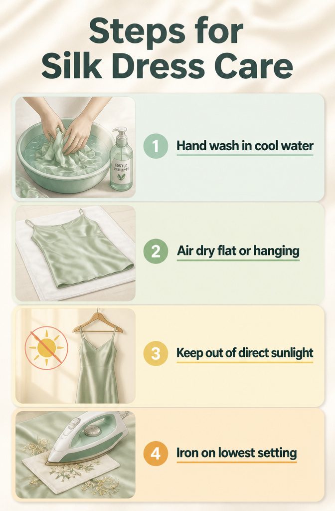 Silk Cocktail Dresses: Styles That Move From Day to Evening 9 Illustration detailing care instructions for silk dresses.