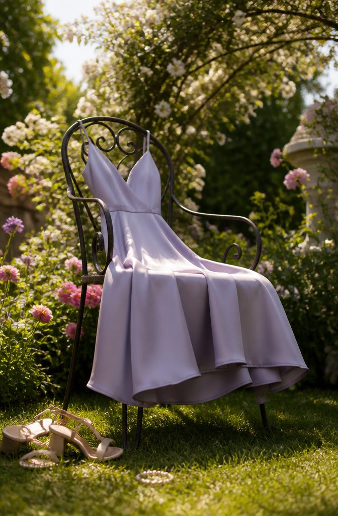 Silk Cocktail Dresses: Styles That Move From Day to Evening 6 Tea length silk dress hanging gracefully in a soft setting.
