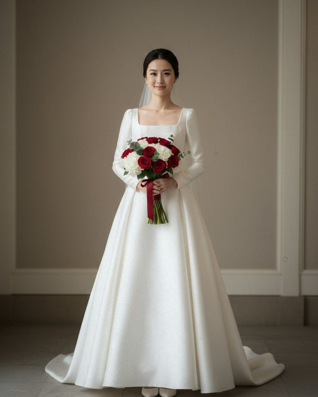 Simplistic Wedding Dress Ideas: 6 Elegant Styles to Consider 5 Woman in a simplistic white long-sleeved wedding dress holding red and white roses.