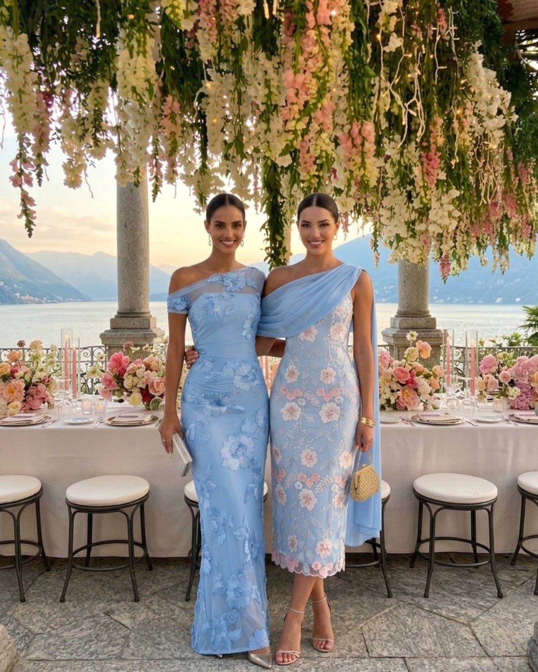 Two women wearing light blue pastel dresses at an outdoor wedding reception.