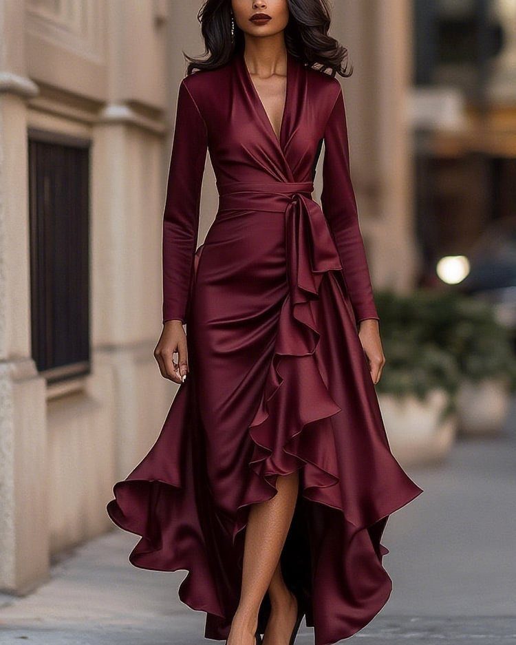 Woman in a burgundy satin wrap dress with ruffles on a city street