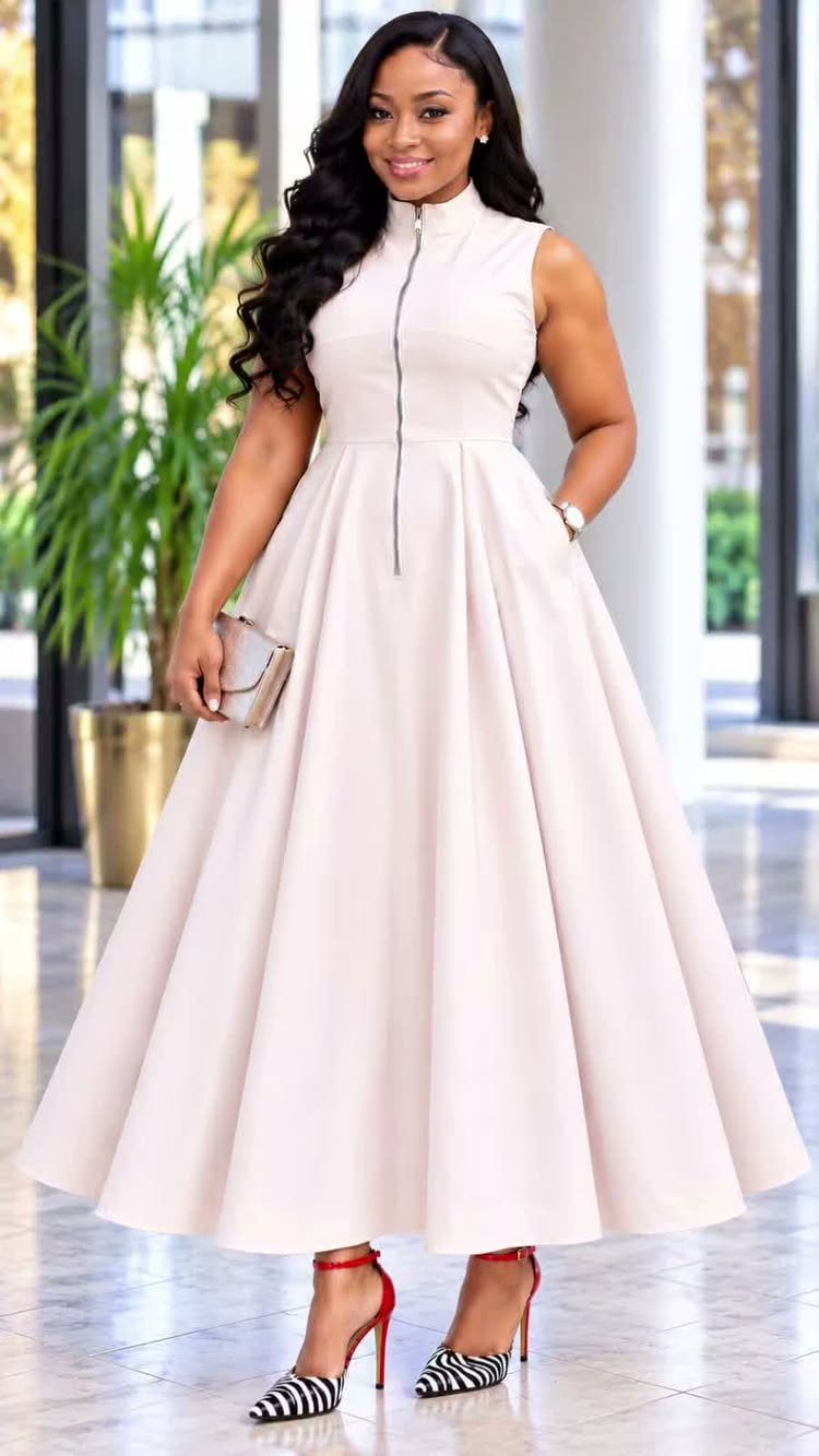 9 Stylish Work Dresses That Keep You Polished All Day 5 Woman in a pale pink sleeveless A-line dress with a flared skirt and heels.
