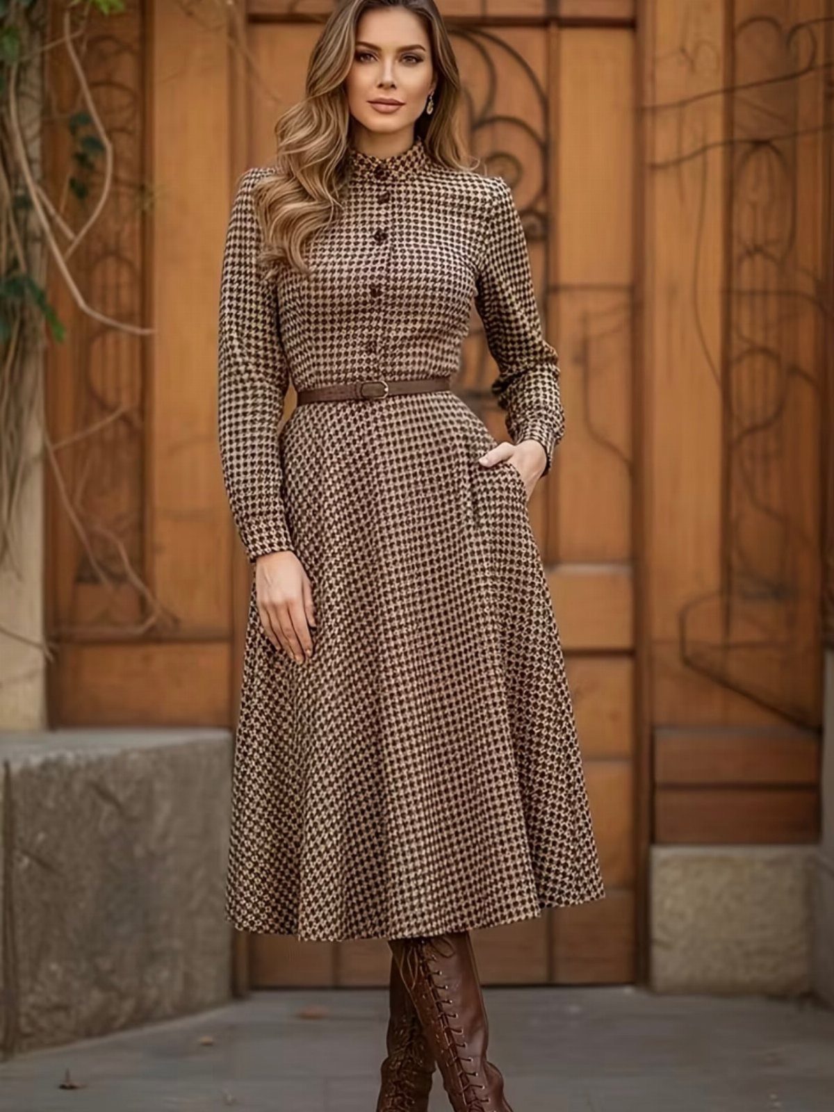 9 Stylish Work Dresses That Keep You Polished All Day 3 Woman in a brown checkered midi dress with a belt and brown boots.