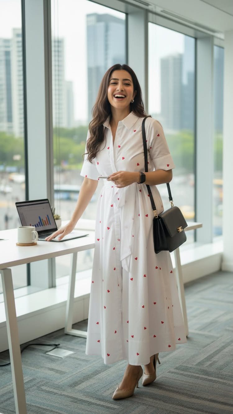 9 Stylish Work Dresses That Keep You Polished All Day 2 Woman in a white heart-print shirt dress laughing in a modern office setting.